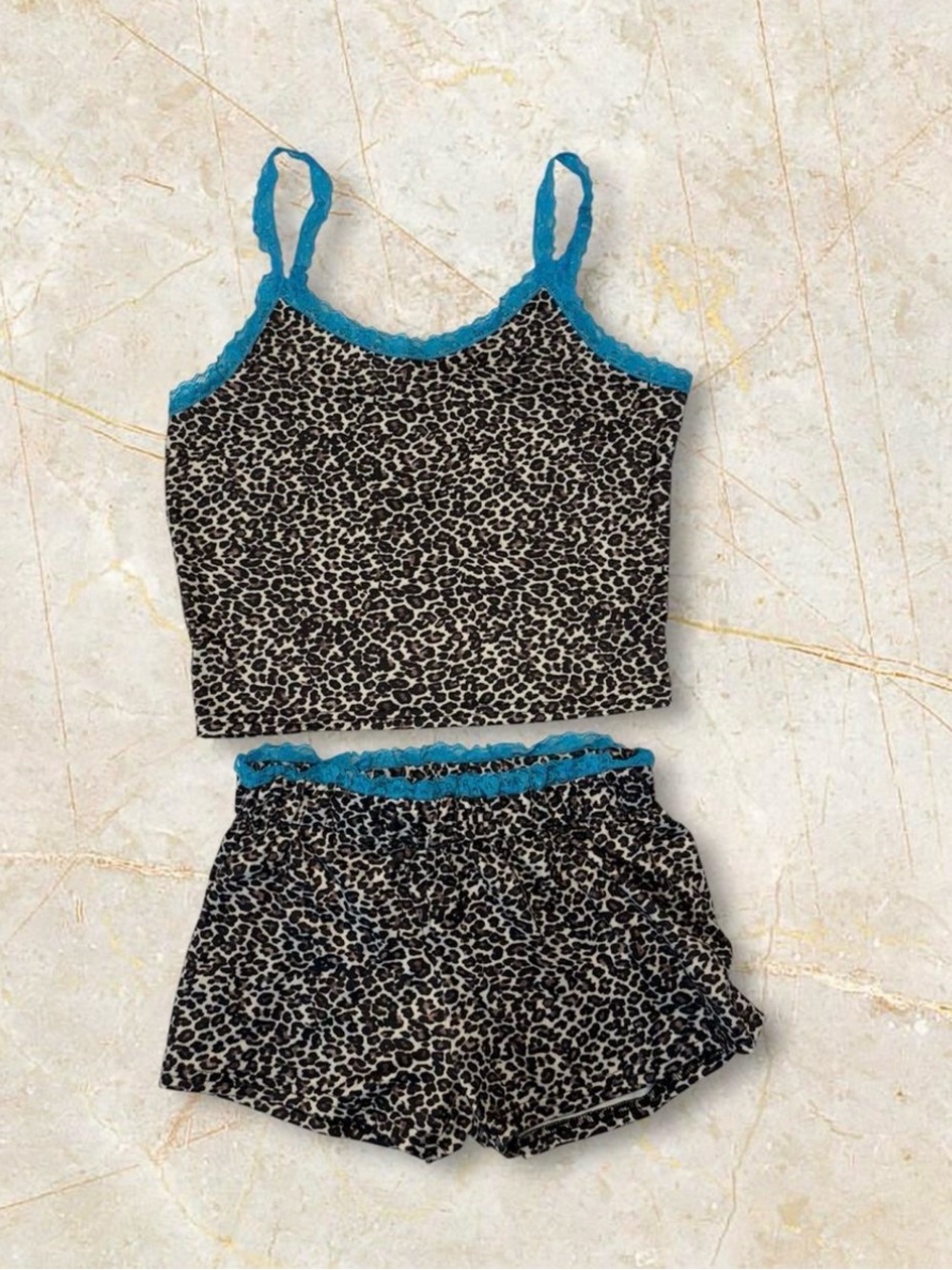 Lace trimmed animal print tank shorts sleep set Wmns sz S NWOT pajamas pjs